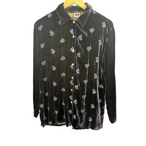 JOHNNY WAS Women's Vintage Embroidered Flower Velour Blouse Purple Size Small